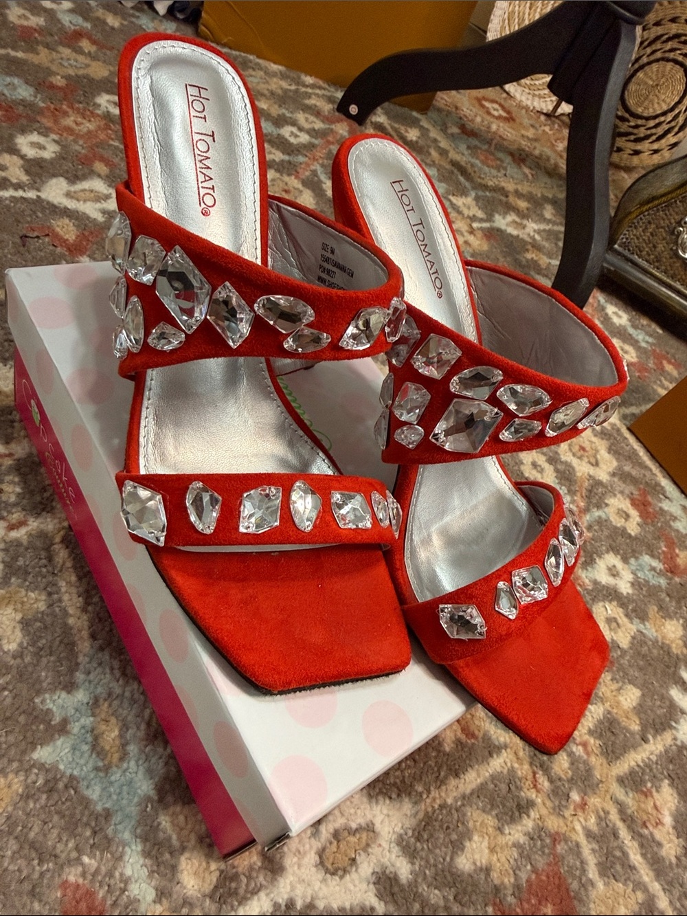 Hot Tomato Red Crystal-Embellished Block Heel Mules